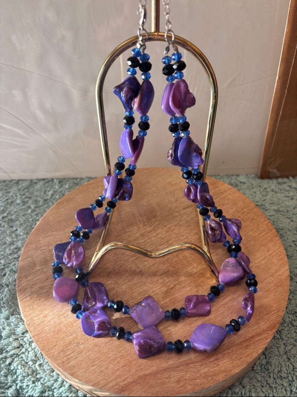 Handcrafted Purple Beaded Necklace - Double Strand 12” with extender